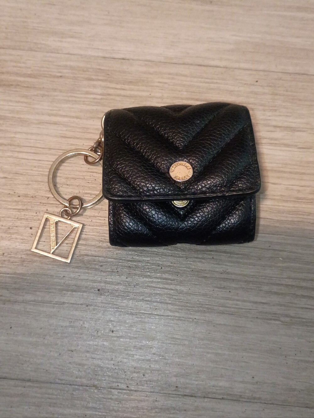 Black Quilted Leather Key Pouch with Gold Hardware